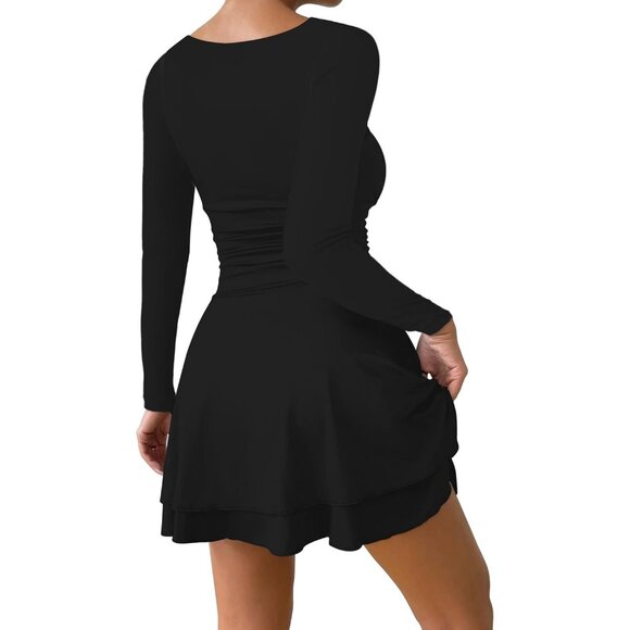 Women's Black Square Neck Mini Dress Long Sleeves Ruched Corset Waist Ruffle hem - Picture 3 of 4